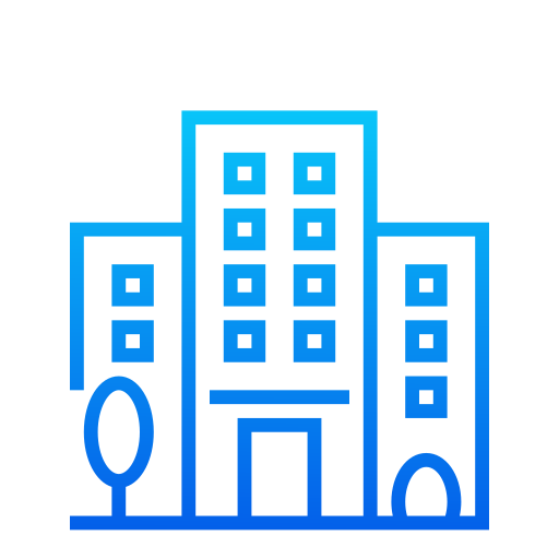 An outline icon image of tall commercial buildings