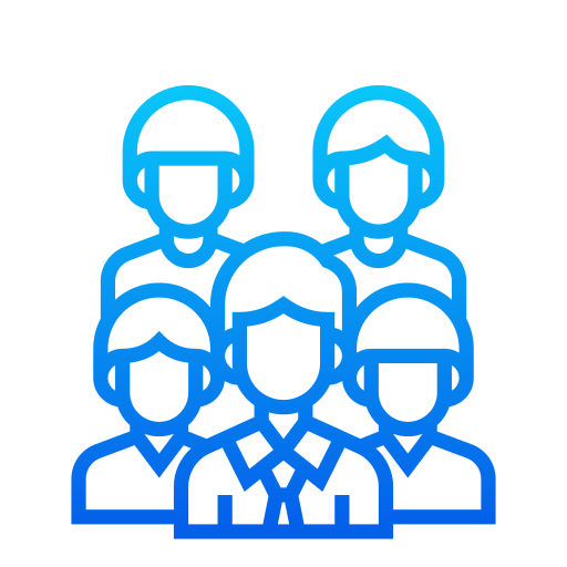 An outline icon image of a group of 5 people in a huddle